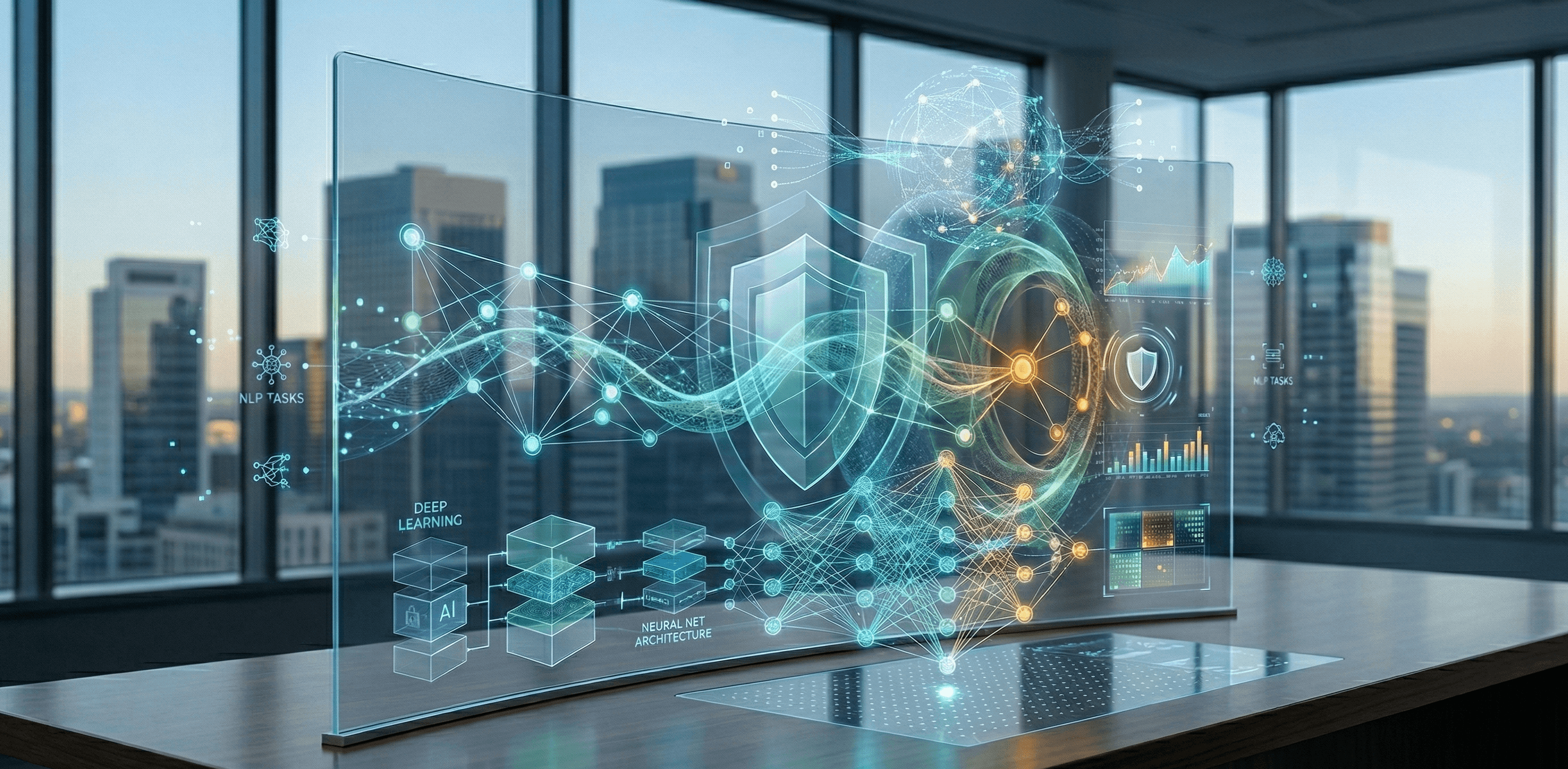 Holographic AI neural network and cybersecurity shield display on glass screen in modern office, city skyline background.